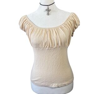 Brandy Melville Beige Scoop Neck Ruched Short Sleeve Top